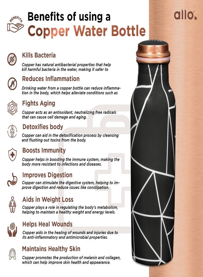 Allo Pure Copper Water Bottle 1 Litre Copper Bottle | Alkaline and Anti Oxidant | 100% Leak Proof, Office, Gym Bottle, Modern Tamba Bottle for Adults, Best Gift for Diwali (Black Abstract Line) - Image 4